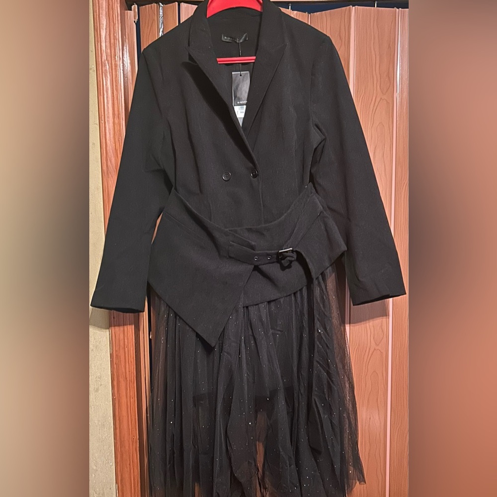 S.Deer Black coat dress w/detachable Mesh skirt size M